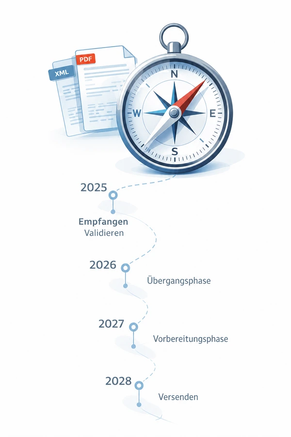 Illustrative Grafik zum Online-Seminar Erechnungen verstehen: Illustration mit Kompass als Orientierungssymbol, daneben eine abstrahierte eRechnung (PDF und XML). Eine Zeitachse zeigt den Umgang mit eRechnungen von 2025 bis 2028: 2025 Empfangen und Validieren, 2026 Übergangsphase, 2027 Vorbereitungsphase, 2028 Versenden.