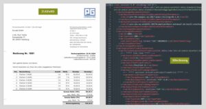 Die Grafik zeigt links eine menschenlesbare ZUGFeRD-Rechnung und rechts eine nicht lesbare XRechnung als XML.