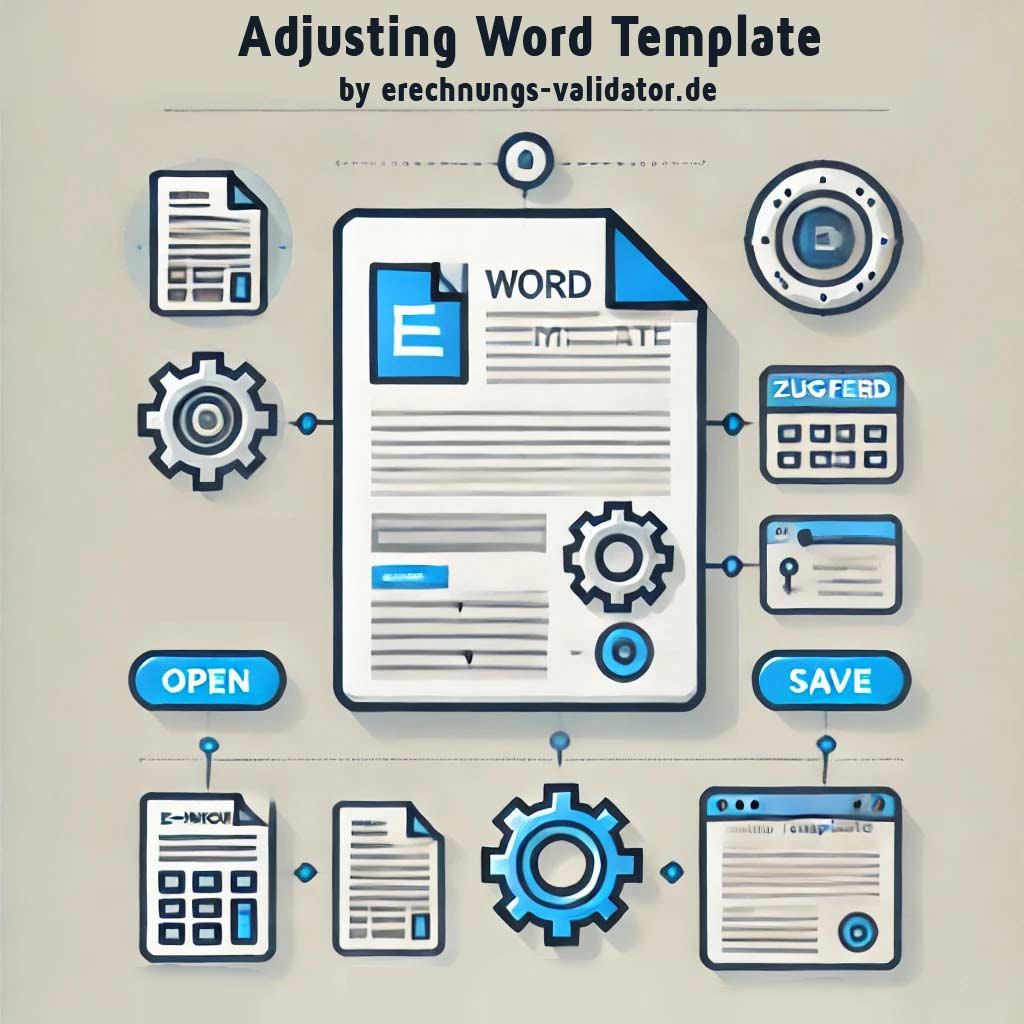 Infografik zur Anpassung der Word-Musterdatei für den E-Rechnungs-Generator bei ZUGFeRD-Rechnungen. Zeigt Symbole und Schritte für das Öffnen der Datei, Bearbeiten der Vorlage und Speichern der Änderungen, mit modernen und klaren Designelementen.