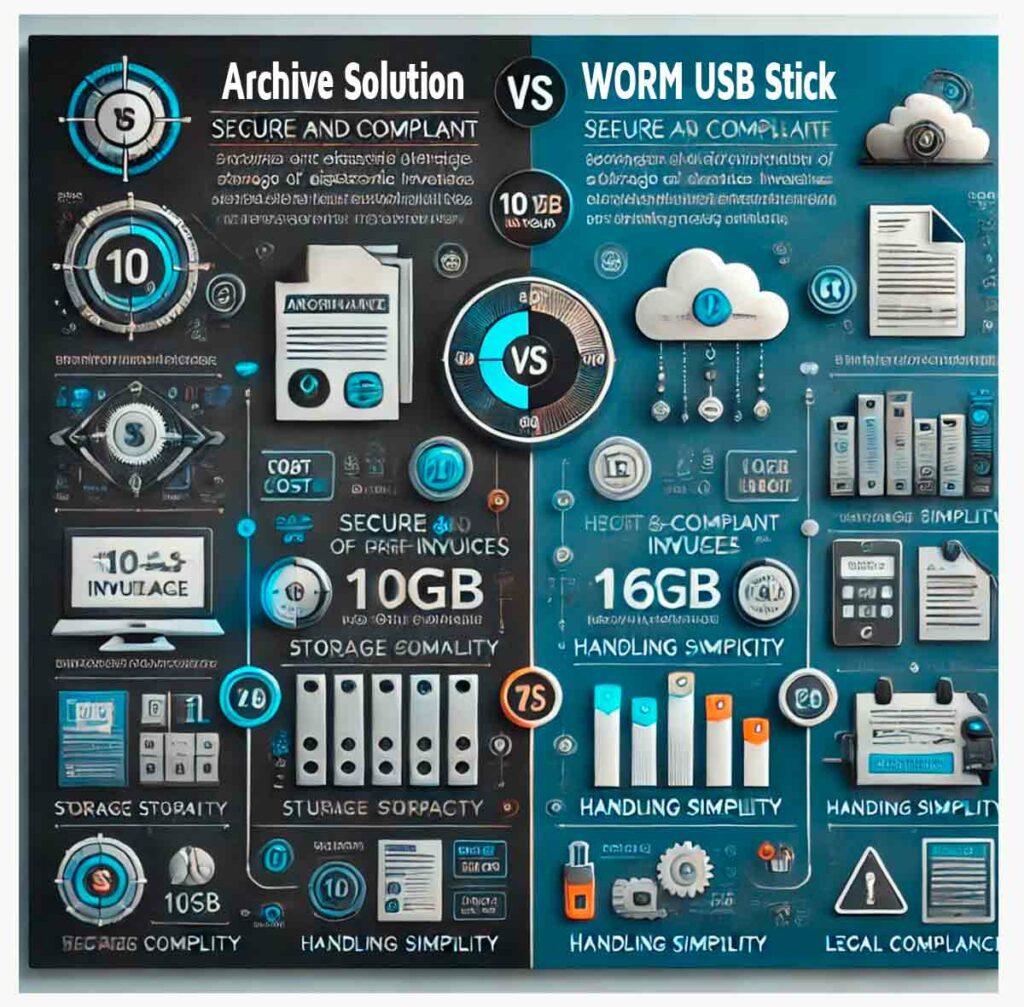 Die Grafik zeigt moderne Infografik, die den Vergleich zwischen einer Archivlösung und einem USB-WORM-Stick für revisionssichere Datenspeicherung darstellt. Die Grafik hebt zentrale Aspekte wie Kosten, Speicherkapazität, Skalierbarkeit, Datensicherheit, Abhängigkeit von Drittanbietern und Datenschutz hervor. Farblich differenziert werden die Vorteile der Archivlösung in Blau und des USB-WORM-Sticks in Grün dargestellt. Symbole wie ein Cloud-Speicher und ein USB-Stick verdeutlichen die jeweiligen Optionen. Die Illustration zeigt auf einen Blick die wichtigsten Unterschiede und Einsatzmöglichkeiten.