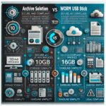 Die Grafik zeigt moderne Infografik, die den Vergleich zwischen einer Archivlösung und einem USB-WORM-Stick für revisionssichere Datenspeicherung darstellt. Die Grafik hebt zentrale Aspekte wie Kosten, Speicherkapazität, Skalierbarkeit, Datensicherheit, Abhängigkeit von Drittanbietern und Datenschutz hervor. Farblich differenziert werden die Vorteile der Archivlösung in Blau und des USB-WORM-Sticks in Grün dargestellt. Symbole wie ein Cloud-Speicher und ein USB-Stick verdeutlichen die jeweiligen Optionen. Die Illustration zeigt auf einen Blick die wichtigsten Unterschiede und Einsatzmöglichkeiten.