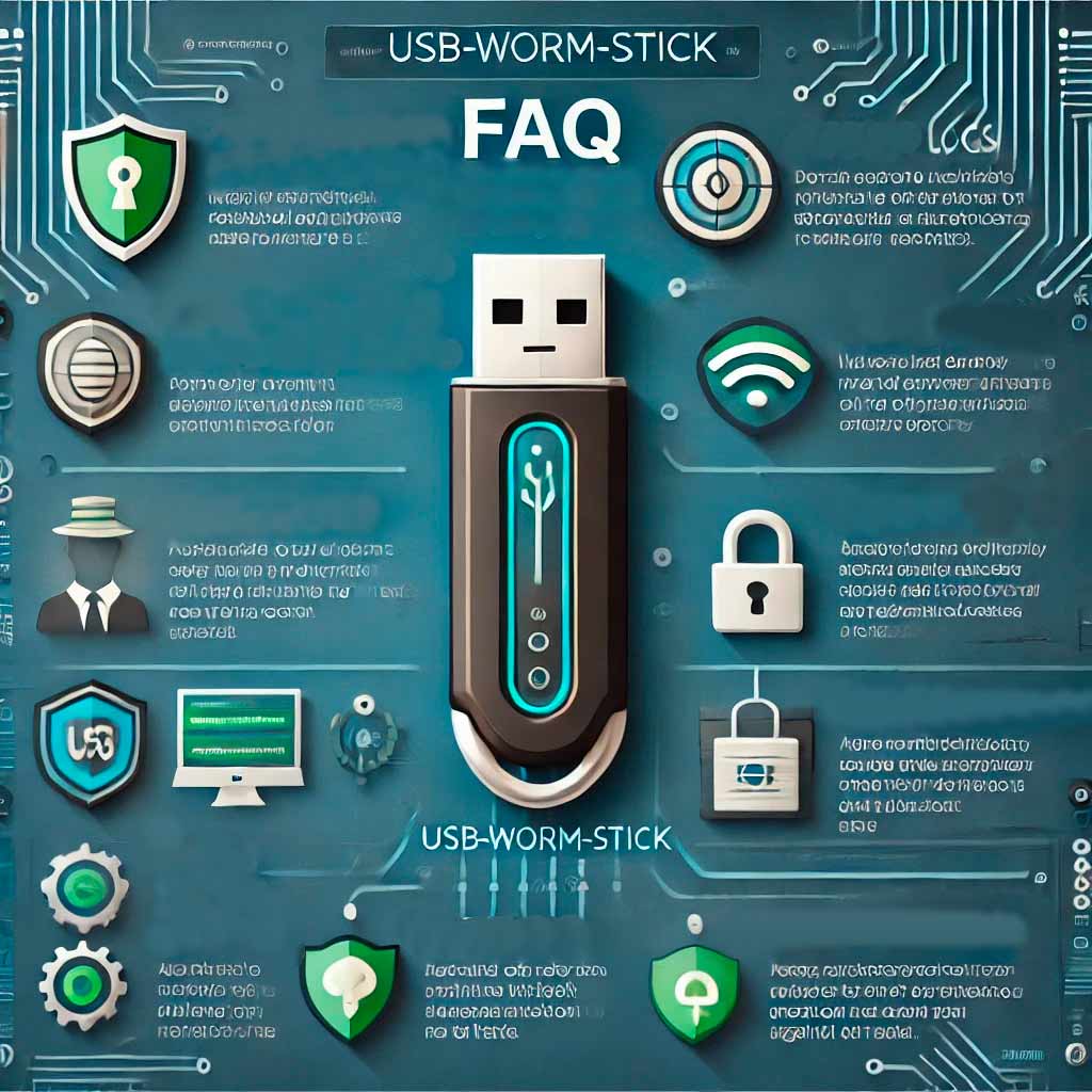 Die Grafik zeigt eine moderne Infografik im minimalistischen Design, die häufige Fragen (FAQ) zum USB-WORM-Stick beantwortet. Die Grafik enthält klare, strukturierte Bereiche mit Symbolen wie einem Sicherheitsschild, einer Checkliste und einem USB-Stick, die Themen wie gesetzliche Compliance, Audit-Logs, Zugriffsbeschränkungen, Unabhängigkeit und Schutz vor Hacks visualisieren. Farblich werden Fragen und Antworten in Blau und Grün hervorgehoben, während subtile technologische Elemente wie Datenströme im Hintergrund das Thema Datensicherheit unterstreichen.