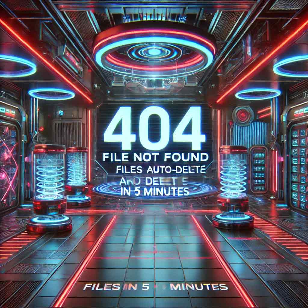 Futuristische 404-Fehlerseite in einem digital beleuchteten Tresorraum mit holographischen Anzeigen. Ein großes Display zeigt ‚404 - FILE NOT FOUND‘ und einen Countdown für die automatische Löschung von Dateien in 5 Minuten. Die Szene ist in einem cyberpunkartigen Serverraum mit neonblauen und roten Lichtern gehalten. Ein AI-Hologramm informiert den Benutzer über den Löschprozess.