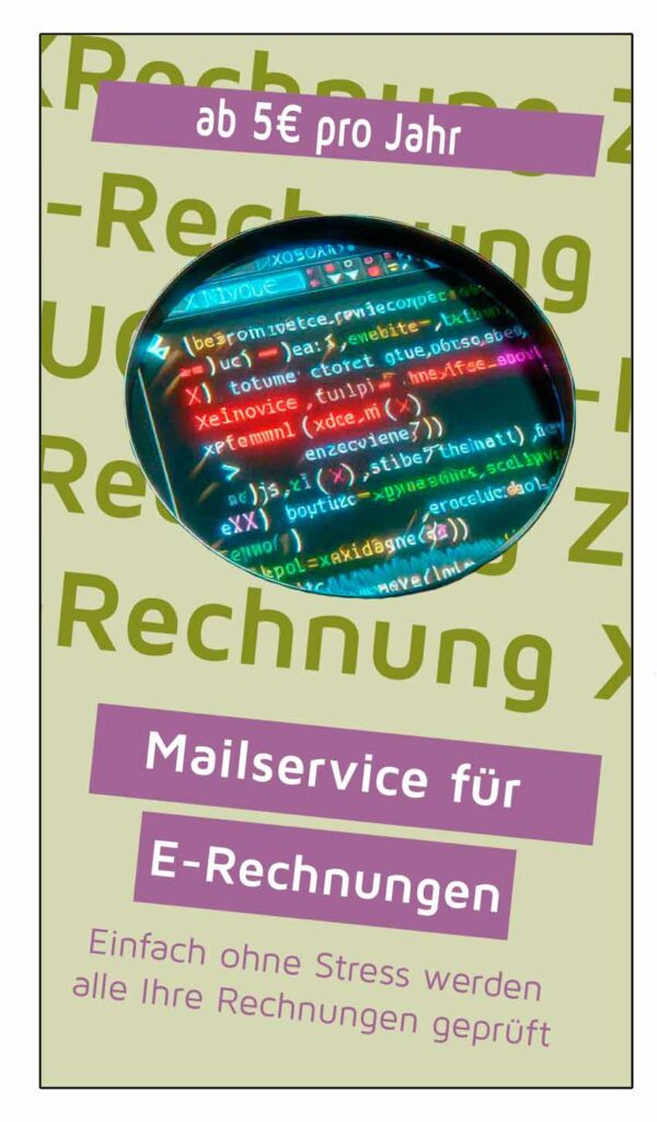 Die Grafik zeigt eine verlinkte Anzeige, die auf den E-Rechnungs-Validator-Mailservice verlinkt ist. Die Grafik enthält den Text "Mailservice für E-Rechnungen sowie ""Einfach ohne Stress werden alle Ihre Rechnungen geprüft".