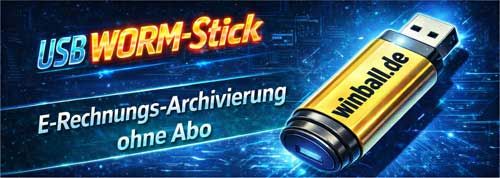 Die Grafik zeigt ein Webbanner. Es ist eine Werbung im sehr modernen Science Fiction Stil für einen USB-WORM-Stick. Es zeigt einen USB-Stick mit der Aufschrift: winball.de. Es zeigt die Texte: USB-WORM-Stick ohne Abo.