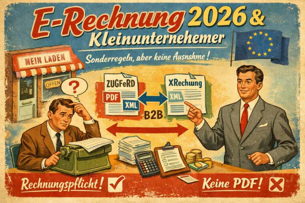 Illustration zur E-Rechnungspflicht ab 2026: Ein Kleinunternehmer zwischen klassischer PDF-Rechnung und moderner E-Rechnung (ZUGFeRD und XRechnung), dargestellt im Retro-Stil der 1950er Jahre.