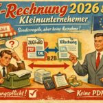 Illustration zur E-Rechnungspflicht ab 2026: Ein Kleinunternehmer zwischen klassischer PDF-Rechnung und moderner E-Rechnung (ZUGFeRD und XRechnung), dargestellt im Retro-Stil der 1950er Jahre.