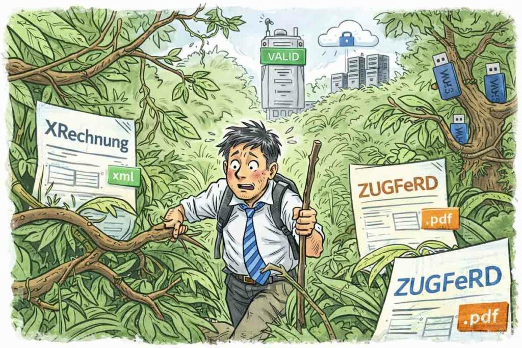 Handgezeichnete Cartoon-Grafik: Ein Nutzer bewegt sich durch einen Dschungel voller XRechnung- und ZUGFeRD-Dokumente, umgeben von Validator, Cloud, Server-Archivierung und WORM-Speichern als Symbole für die komplexe E-Rechnungs-Archivierung.