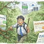 Handgezeichnete Cartoon-Grafik: Ein Nutzer bewegt sich durch einen Dschungel voller XRechnung- und ZUGFeRD-Dokumente, umgeben von Validator, Cloud, Server-Archivierung und WORM-Speichern als Symbole für die komplexe E-Rechnungs-Archivierung.