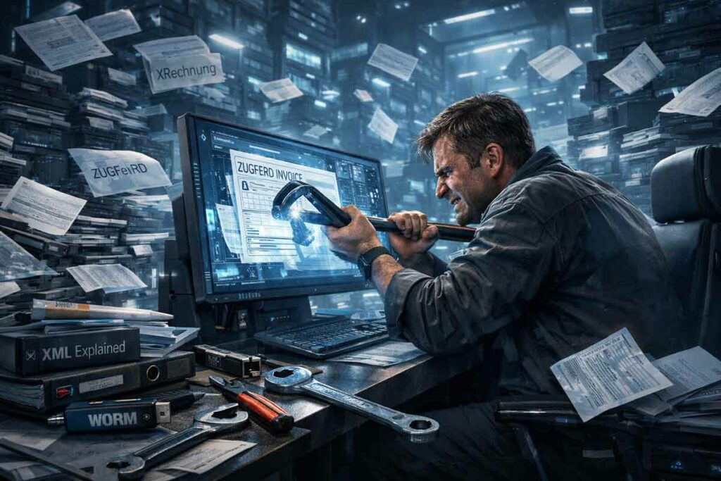 Gestresster Mitarbeiter in einem futuristischen Sci-Fi-Archiv versucht mit einer Brechstange eine digitale E-Rechnung zu öffnen, während um ihn herum chaotisch schwebende Rechnungen mit den Beschriftungen „XRechnung“ und „ZUGFeRD“ sowie nutzlose Werkzeuge und ein WORM-USB-Stick liegen – Sinnbild für die schwierige Archivierung von E-Rechnungen ohne Software.