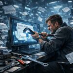 Gestresster Mitarbeiter in einem futuristischen Sci-Fi-Archiv versucht mit einer Brechstange eine digitale E-Rechnung zu öffnen, während um ihn herum chaotisch schwebende Rechnungen mit den Beschriftungen „XRechnung“ und „ZUGFeRD“ sowie nutzlose Werkzeuge und ein WORM-USB-Stick liegen – Sinnbild für die schwierige Archivierung von E-Rechnungen ohne Software.