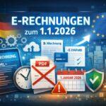 Illustration zur E-Rechnungspflicht ab 1. Januar 2026 in Deutschland mit XRechnung, ZUGFeRD, XML-Daten und EU-Bezug
