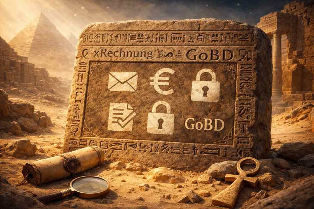 Steinplatte mit ägyptischen Hieroglyphen und modernen Begriffen wie „ZUGFeRD“ und „XRechnung“ als Symbol für revisionssichere Archivierung von E-Rechnungen. Ein moderner Rosetta-Stone