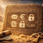 Steinplatte mit ägyptischen Hieroglyphen und modernen Begriffen wie „ZUGFeRD“ und „XRechnung“ als Symbol für revisionssichere Archivierung von E-Rechnungen. Ein moderner Rosetta-Stone