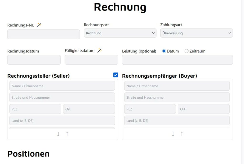 Der Screenshot zeigt ein E-Rechnungs-Browser-Formular des eRechnungs-Genarators mit zalhreichen Eingabefeldern unter anderem für den rechnungssteller und Rechnungsempfaenger