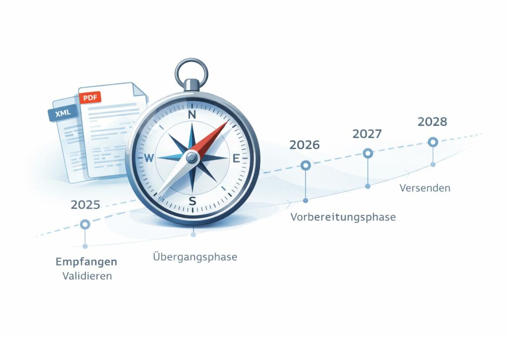 Illustrative Grafik zum Online-Seminar Erechnungen verstehen: Illustration mit Kompass als Orientierungssymbol, daneben eine abstrahierte eRechnung (PDF und XML). Eine Zeitachse zeigt den Umgang mit eRechnungen von 2025 bis 2028: 2025 Empfangen und Validieren, 2026 Übergangsphase, 2027 Vorbereitungsphase, 2028 Versenden.