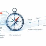 Illustrative Grafik zum Online-Seminar Erechnungen verstehen: Illustration mit Kompass als Orientierungssymbol, daneben eine abstrahierte eRechnung (PDF und XML). Eine Zeitachse zeigt den Umgang mit eRechnungen von 2025 bis 2028: 2025 Empfangen und Validieren, 2026 Übergangsphase, 2027 Vorbereitungsphase, 2028 Versenden.