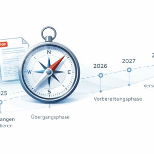 Illustrative Grafik zum Online-Seminar Erechnungen verstehen: Illustration mit Kompass als Orientierungssymbol, daneben eine abstrahierte eRechnung (PDF und XML). Eine Zeitachse zeigt den Umgang mit eRechnungen von 2025 bis 2028: 2025 Empfangen und Validieren, 2026 Übergangsphase, 2027 Vorbereitungsphase, 2028 Versenden.