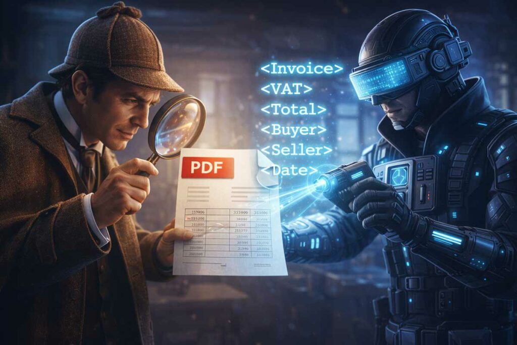 Illustration eines klassischen Detektivs und eines futuristischen Ermittlers, die gemeinsam eine PDF-Rechnung untersuchen und dabei verborgene XML-Daten sichtbar machen – Symbol für die versteckten strukturierten Inhalte einer ZUGFeRD-Rechnung.