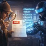 Illustration eines klassischen Detektivs und eines futuristischen Ermittlers, die gemeinsam eine PDF-Rechnung untersuchen und dabei verborgene XML-Daten sichtbar machen – Symbol für die versteckten strukturierten Inhalte einer ZUGFeRD-Rechnung.