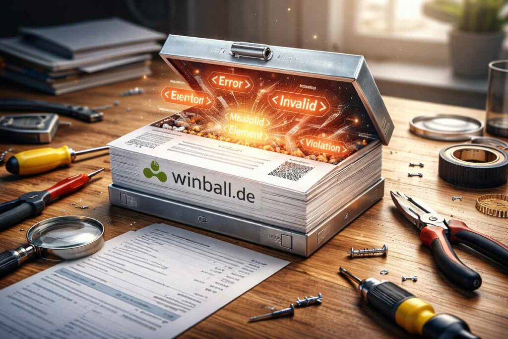 Geöffnete E-Rechnung als dicke Papierkiste mit der Aufschrift „winball.de“, aus der technische XML-Fehlermeldungen und Error-Codes herausquellen; auf einem Schreibtisch liegen verstreut Werkzeuge wie Schraubenzieher und Zange – Symbolbild für das Analysieren und Verstehen von Validator-Fehlermeldungen bei E-Rechnungen.