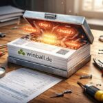 Geöffnete E-Rechnung als dicke Papierkiste mit der Aufschrift „winball.de“, aus der technische XML-Fehlermeldungen und Error-Codes herausquellen; auf einem Schreibtisch liegen verstreut Werkzeuge wie Schraubenzieher und Zange – Symbolbild für das Analysieren und Verstehen von Validator-Fehlermeldungen bei E-Rechnungen.
