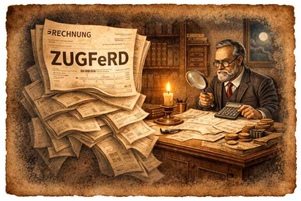 Historisch anmutende Illustration: Ein älterer Steuerberater sitzt bei Kerzenlicht an einem Schreibtisch und prüft mit Lupe und Taschenrechner einen großen Stapel Rechnungen mit der Aufschrift „ZUGFeRD“. Der Raum wirkt wie ein altes Arbeitszimmer mit Bücherregal und Mondlicht im Fenster