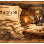Historisch anmutende Illustration: Ein älterer Steuerberater sitzt bei Kerzenlicht an einem Schreibtisch und prüft mit Lupe und Taschenrechner einen großen Stapel Rechnungen mit der Aufschrift „ZUGFeRD“. Der Raum wirkt wie ein altes Arbeitszimmer mit Bücherregal und Mondlicht im Fenster