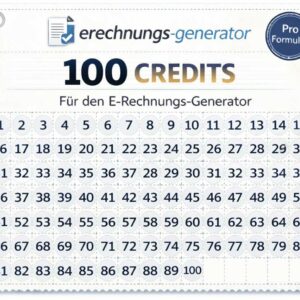 Produktbild einer 100-Credits-Karte im Stil einer gestempelten Zehnerkarte für Pro-Funktionen des E-Rechnungs-Generators