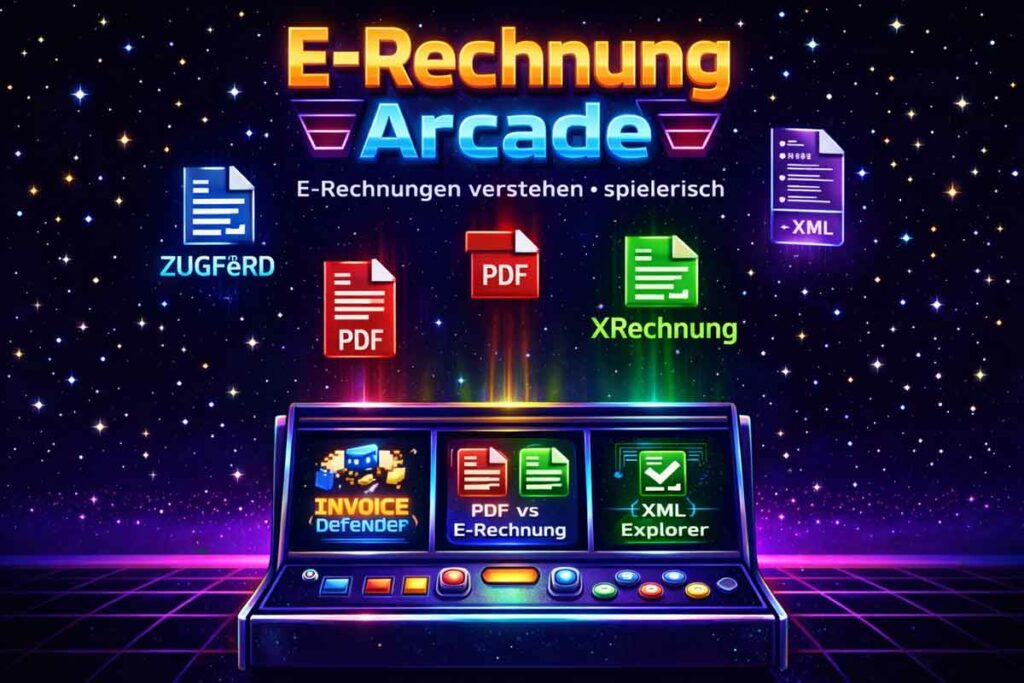 Retro-Arcade Illustration „E-Rechnung Arcade“ mit Spielkonsole und Dokumentenformaten wie ZUGFeRD, XRechnung, PDF und XML rund um das spielerische Lernen von E-Rechnungen.