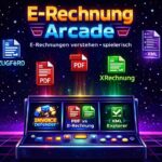 Retro-Arcade Illustration „E-Rechnung Arcade“ mit Spielkonsole und Dokumentenformaten wie ZUGFeRD, XRechnung, PDF und XML rund um das spielerische Lernen von E-Rechnungen.