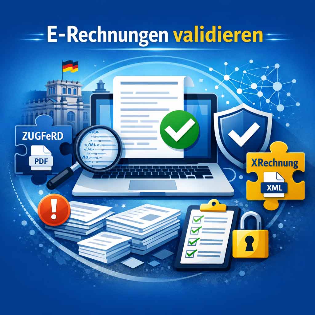 Illustration zur Validierung von E-Rechnungen: Laptop mit geprüfter Rechnung, Symbole für XRechnung (XML) und ZUGFeRD (PDF/XML), Lupe für Prüfung sowie Schutzsymbol für sichere und valide elektronische Rechnungen.