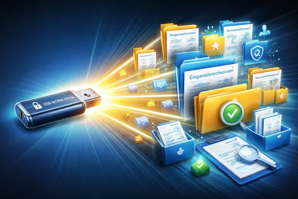 Illustration eines winball.de USB-WORM-Sticks, aus dem Lichtstrahlen hervorgehen, die sich in eine strukturierte digitale Archivlandschaft mit Ordnern, Rechnungen, Prüfsymbolen und Sicherheitsicons verwandeln. Das Bild visualisiert die Weiterentwicklung vom reinen Datenträger zu einem organisierten, prüfbaren Archivsystem.