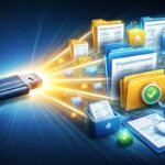 Illustration eines winball.de USB-WORM-Sticks, aus dem Lichtstrahlen hervorgehen, die sich in eine strukturierte digitale Archivlandschaft mit Ordnern, Rechnungen, Prüfsymbolen und Sicherheitsicons verwandeln. Das Bild visualisiert die Weiterentwicklung vom reinen Datenträger zu einem organisierten, prüfbaren Archivsystem.