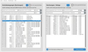 Die Abbildung zeigt einen Screenshot der E-Rechnungs-Archive-Anwendung. Es wird die Belegzurodnung gezeigt. Es ist ein Splitscreen mit Listen von Kontobewegungen links und Belegen rechts.