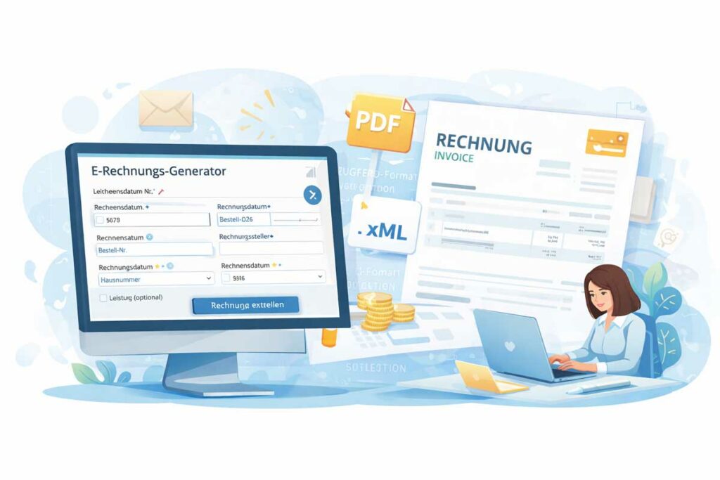 Illustration eines E-Rechnungs-Generators mit Formularansicht, ZUGFeRD-Rechnung als PDF mit XML und Nutzerin am Laptop beim Erstellen einer elektronischen Rechnung.
