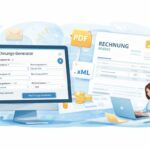 Illustration eines E-Rechnungs-Generators mit Formularansicht, ZUGFeRD-Rechnung als PDF mit XML und Nutzerin am Laptop beim Erstellen einer elektronischen Rechnung.