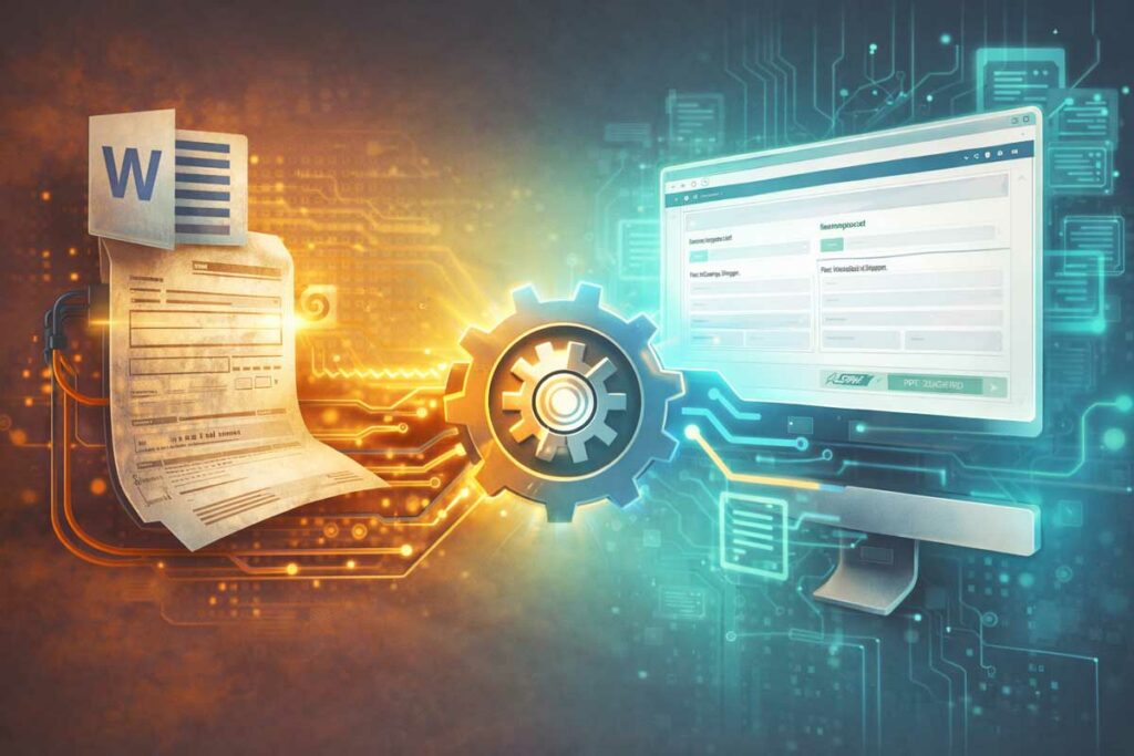 Symbolische Darstellung des Neustarts des E-Rechnungs-Generators – von einer früheren Word-basierten Architektur zu einer stabilen, webbasierten Lösung für XRechnung und ZUGFeRD.