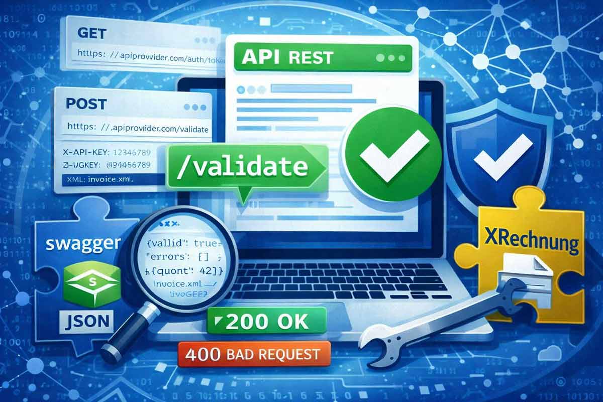 Illustration eine REST API zur E-Rechnungs-Validierung: Prüfung von XRechnung und ZUGFeRD per HTTP-Request mit JSON-Antwort und Swagger-UI