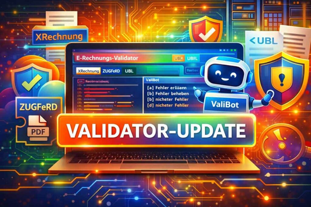 Illustration eines E-Rechnungs-Validators mit ValiBot-Assistent zur Prüfung von XRechnung, ZUGFeRD und UBL, dargestellt auf einem Laptop mit farbigem Interface und Validierungsergebnissen