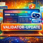 Illustration eines E-Rechnungs-Validators mit ValiBot-Assistent zur Prüfung von XRechnung, ZUGFeRD und UBL, dargestellt auf einem Laptop mit farbigem Interface und Validierungsergebnissen