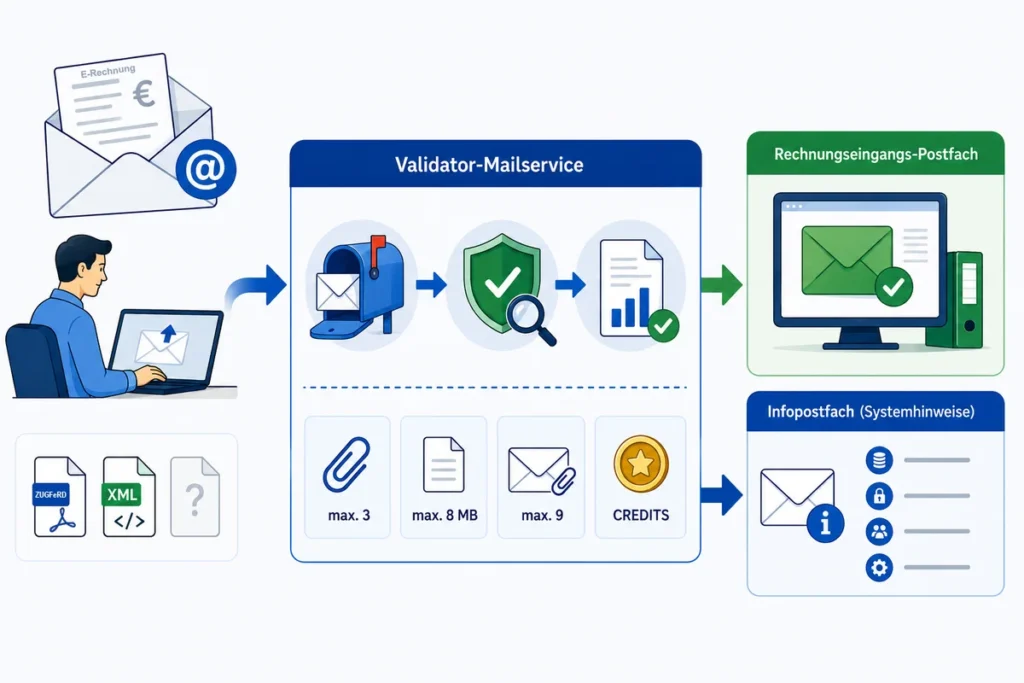 Infografik zum Validator-Mailservice für E-Rechnungen. Dargestellt ist der Ablauf vom Empfang einer E-Rechnung per E-Mail über den Validator-Mailservice bis zur Zustellung in ein Rechnungseingangs-Postfach und ein separates Infopostfach für Systemhinweise. Links sieht man einen Nutzer am Laptop sowie Symbole für ZUGFeRD-, XML- und weitere Rechnungsformate. In der Mitte visualisiert der Mailservice die Verarbeitung eingehender Rechnungen mit Prüfung und Validierung. Rechts werden ein digitales Rechnungseingangs-Postfach und ein Infopostfach für Benachrichtigungen dargestellt. Zusätzlich zeigt die Grafik technische Limits wie maximale Anzahl von Anhängen, Dateigröße und Credits.