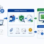 Infografik zum Validator-Mailservice für E-Rechnungen. Dargestellt ist der Ablauf vom Empfang einer E-Rechnung per E-Mail über den Validator-Mailservice bis zur Zustellung in ein Rechnungseingangs-Postfach und ein separates Infopostfach für Systemhinweise. Links sieht man einen Nutzer am Laptop sowie Symbole für ZUGFeRD-, XML- und weitere Rechnungsformate. In der Mitte visualisiert der Mailservice die Verarbeitung eingehender Rechnungen mit Prüfung und Validierung. Rechts werden ein digitales Rechnungseingangs-Postfach und ein Infopostfach für Benachrichtigungen dargestellt. Zusätzlich zeigt die Grafik technische Limits wie maximale Anzahl von Anhängen, Dateigröße und Credits.