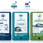 Infografik mit drei farbigen Aktenordnern nebeneinander zur Einordnung von Vereinen im Umgang mit E-Rechnungen. Links ein blauer Ordner „V1 Kleiner Verein“ mit Symbolen für Mitgliedsausweis, Spende und E-Mail sowie dem Hinweis, dass meist keine E-Rechnungspflicht beim Versand besteht. In der Mitte ein türkisfarbener Ordner „V2 Aktiver Verein“ mit Symbolen für Sponsoring, Vereinsräume und Rechnung sowie dem Hinweis „E-Rechnungspflicht ab 01.01.2028“. Rechts ein grüner Ordner „V3 Wirtschaftlich organisierter Verein“ mit Symbolen für Vereinsheim, mehrere Rechnungen und Umsatzdiagramm sowie dem Hinweis „E-Rechnungspflicht ab 01.01.2027“. Über den Ordnern sind die Formate XRechnung (XML) und ZUGFeRD (PDF) dargestellt.