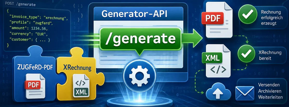 Illustration der Generator-API: Ein /generate-Endpoint verarbeitet strukturierte Rechnungsdaten (JSON) und erzeugt automatisiert ZUGFeRD-PDF und XRechnung-XML. Visualisiert werden API-Aufruf, Datenfluss sowie fertige Rechnungsdokumente mit Status ‚erfolgreich erzeugt‘ und Optionen zum Versenden, Archivieren oder Weiterleiten.