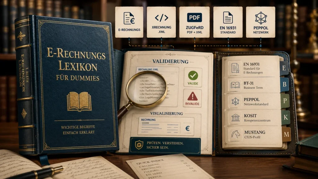 Artikelgrafik im Stil einer klassischen Bibliothek mit einem alten, dunkelblauen Lederlexikon zum Thema E-Rechnungen. Auf dem Buch steht „E-Rechnungs-Lexikon für Dummies“. Daneben sind aufgeschlagene Lexikonseiten mit Symbolen und Begriffen wie E-Rechnung, XRechnung, ZUGFeRD, EN 16931, Peppol, KoSIT, Mustang, Validierung und Visualisierung dargestellt. Die Grafik verbindet die Bildsprache eines traditionellen Nachschlagewerks mit modernen Begriffen der elektronischen Rechnung.