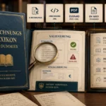 Artikelgrafik im Stil einer klassischen Bibliothek mit einem alten, dunkelblauen Lederlexikon zum Thema E-Rechnungen. Auf dem Buch steht „E-Rechnungs-Lexikon für Dummies“. Daneben sind aufgeschlagene Lexikonseiten mit Symbolen und Begriffen wie E-Rechnung, XRechnung, ZUGFeRD, EN 16931, Peppol, KoSIT, Mustang, Validierung und Visualisierung dargestellt. Die Grafik verbindet die Bildsprache eines traditionellen Nachschlagewerks mit modernen Begriffen der elektronischen Rechnung.